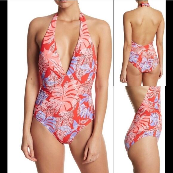 RED CARTER PLUNGING HALTER ONE PIECE SWIMSUIT L - Picture 1 of 7
